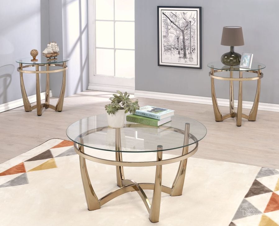 The appearance of Orlando II Champagne and Clear Glass Occasional Table Set designed by ACME in the transitional interior design. This gold piece of furniture  was selected by 1StopBedrooms from Orlando Ii Collection to add a touch of cosiness and style into your home. Sku: 81610;81612. Material: Metal. Product Type: Occasional Table Set. Image1