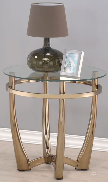 The appearance of Orlando Ii Champagne and Clear Glass End Table designed by ACME in the transitional interior design. This gold piece of furniture  was selected by 1StopBedrooms from Orlando Ii Collection to add a touch of cosiness and style into your home. Sku: 81612. Material: Glass. Product Type: End Table. Image1