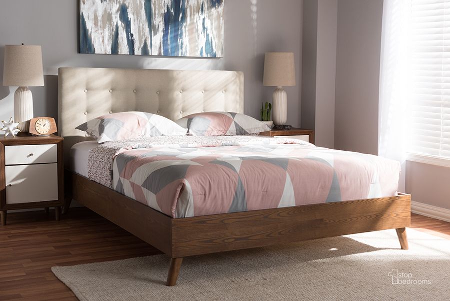 The appearance of Baxton Studio Alinia Mid-Century Retro Modern Light Beige Fabric Upholstered Walnut Wood King Size Platform Bed designed by Baxton Studio in the transitional interior design. This light beige piece of furniture  was selected by 1StopBedrooms from Alinia Collection to add a touch of cosiness and style into your home. Sku: BBT6729-Light Beige-King. Bed Type: Platform Bed. Material: Fabric. Product Type: Platform Bed. Bed Size: King. Image1