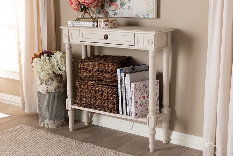 The appearance of Baxton Studio Ariella Country Cottage Farmhouse Whitewashed 1-Drawer Console Table RAM19 designed by Baxton Studio in the country / farmhouse interior design. This white piece of furniture  was selected by 1StopBedrooms from Ariella Collection to add a touch of cosiness and style into your home. Sku: RAM19-Whitewashed-ST. Material: Wood. Product Type: Console Table. Image1