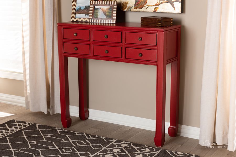The appearance of Baxton Studio Pomme Classic And Antique Red Finished Wood Bronze Finished Accents 6-Drawer Console Table designed by Baxton Studio in the traditional interior design. This red piece of furniture  was selected by 1StopBedrooms from Pomme Collection to add a touch of cosiness and style into your home. Sku: MIN18-Red-ST. Material: Wood. Product Type: Console Table. Image1