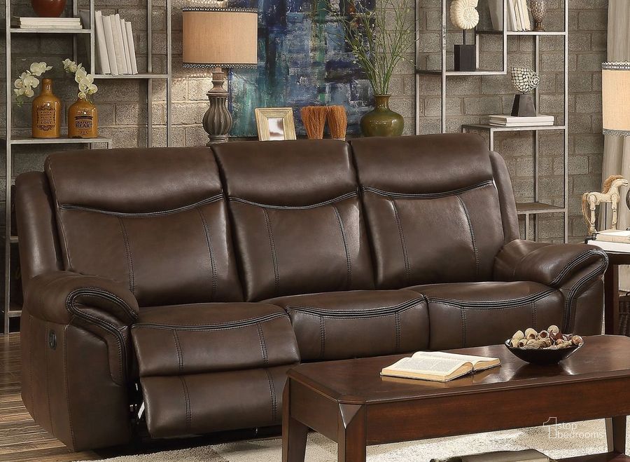 The appearance of Aram Dark Brown Double Reclining Sofa designed by Homelegance in the transitional interior design. This dark brown piece of furniture  was selected by 1StopBedrooms from Aram Collection to add a touch of cosiness and style into your home. Sku: 8206BRW-3. Material: Fabric. Product Type: Reclining Sofa. Image1