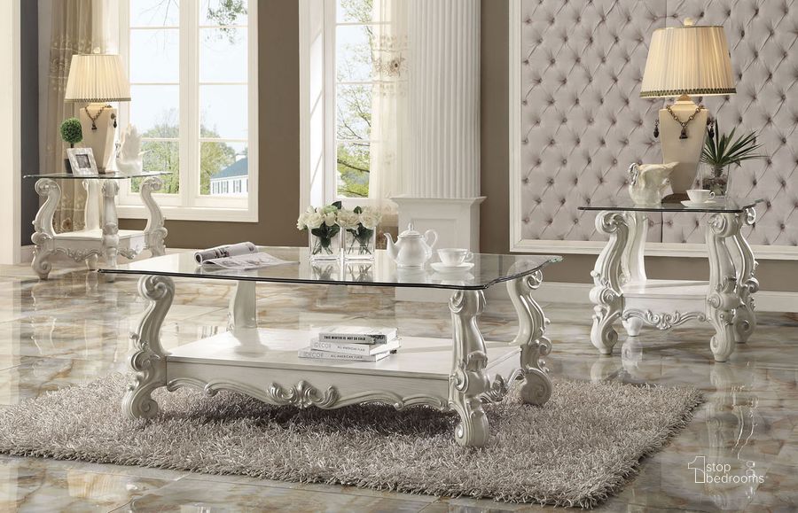 The appearance of Versailles Glass Top Rectangular Occasional Table Set (Bone White) designed by ACME in the rustic / southwestern interior design. This bone white piece of furniture  was selected by 1StopBedrooms from Versailles Collection to add a touch of cosiness and style into your home. Sku: 82103;82104. Material: Glass. Product Type: Occasional Table Set. Table Top Shape: Rectangular. Image1