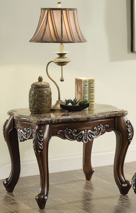 The appearance of Latisha Marble and Antique Oak End Table designed by ACME in the rustic / southwestern interior design. This brown piece of furniture  was selected by 1StopBedrooms from Latisha Collection to add a touch of cosiness and style into your home. Sku: 82147. Table Top Shape: Square. Product Type: End Table. Material: Stone. Image1