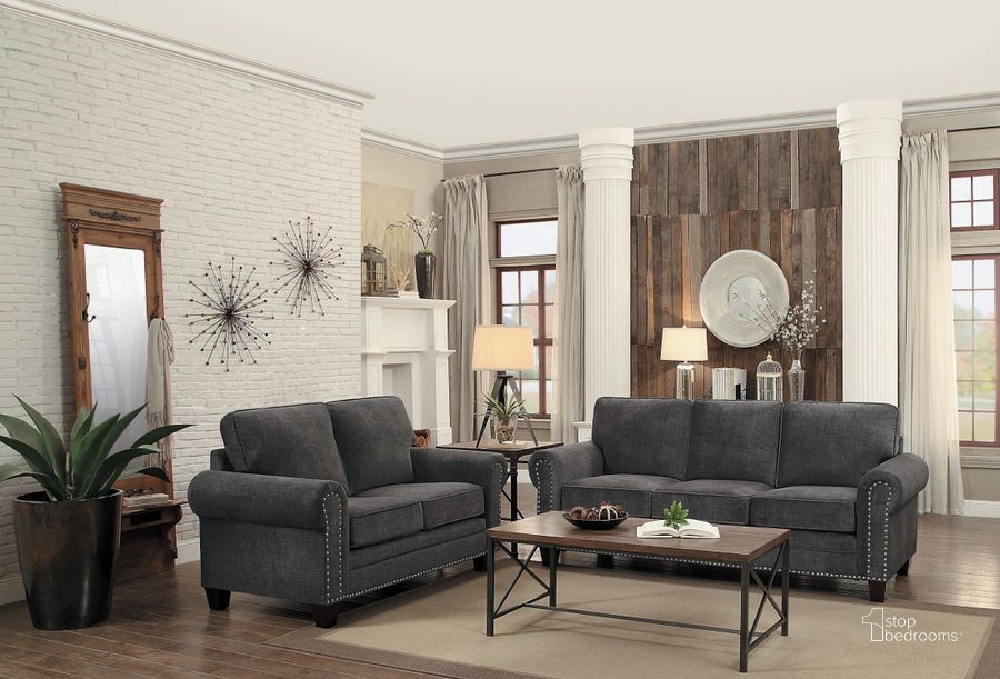 The appearance of Cornelia Dark Grey Living Room Set designed by Homelegance in the transitional interior design. This gray piece of furniture  was selected by 1StopBedrooms from Cornelia Collection to add a touch of cosiness and style into your home. Sku: 8216DG-3;8216DG-2. Material: Fabric. Product Type: Living Room Set. Key Features: Nailhead Trim. Image1