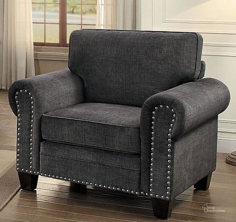 The appearance of Cornelia Dark Grey Chair designed by Homelegance in the transitional interior design. This gray piece of furniture  was selected by 1StopBedrooms from Cornelia Collection to add a touch of cosiness and style into your home. Sku: 8216DG-1. Material: Fabric. Product Type: Chair. Key Features: Nailhead Trim. Image1