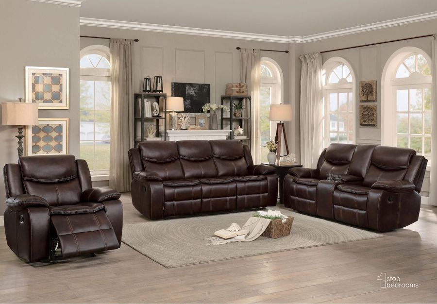 The appearance of Bastrop Brown Leather Reclining Living Room Set designed by Homelegance in the modern / contemporary interior design. This dark brown piece of furniture  was selected by 1StopBedrooms from Bastrop Collection to add a touch of cosiness and style into your home. Sku: 8230BRW-3;8230BRW-2. Material: Leather. Product Type: Living Room Set. Image1