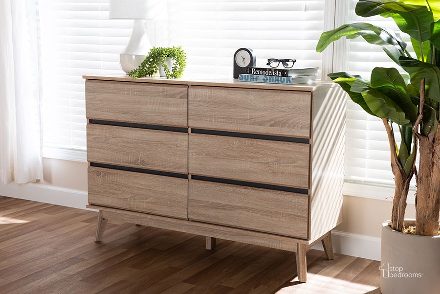 The appearance of Kinkora Oak Dresser designed by Bennett Interiors in the transitional interior design. This oak piece of furniture  was selected by 1StopBedrooms from Kinkora Collection to add a touch of cosiness and style into your home. Sku: SECOD5015-Hana Oak/Dark Grey-6DW-Dresser. Product Type: Dresser. Material: MDF. Image1