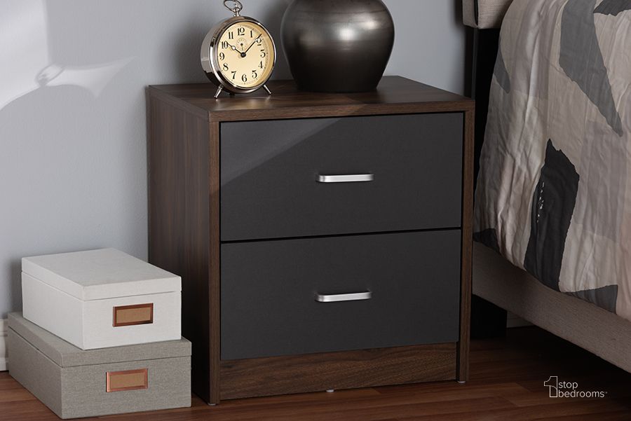 The appearance of Baxton Studio Hansel Modern And Contemporary 2-Drawer Dark Brown And Dark Grey Finished Nightstand designed by Baxton Studio in the modern / contemporary interior design. This walnut piece of furniture  was selected by 1StopBedrooms from Hansel Collection to add a touch of cosiness and style into your home. Sku: SENT014-Columbia Brown/Dark Grey-NS. Product Type: Nightstand. Material: MDF. Image1