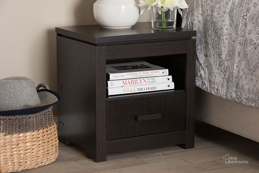 The appearance of Baxton Studio Bienna Modern And Contemporary Wenge Brown Finished 1-Drawer Nightstand designed by Baxton Studio in the modern / contemporary interior design. This dark brown piece of furniture  was selected by 1StopBedrooms from Bienna Collection to add a touch of cosiness and style into your home. Sku: MH12201-Wenge-NS. Product Type: Nightstand. Material: MDF. Image1