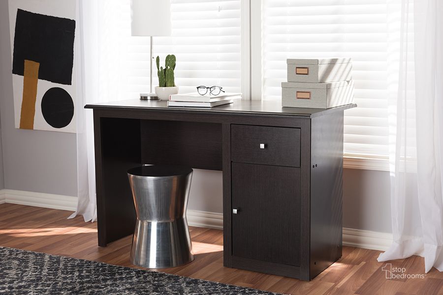 The appearance of Baxton Studio Belora Modern And Contemporary Wenge Brown Finished Desk designed by Baxton Studio in the modern / contemporary interior design. This dark brown piece of furniture  was selected by 1StopBedrooms from Belora Collection to add a touch of cosiness and style into your home. Sku: MH6005-Wenge-Desk. Product Type: Office Desk. Material: MDF. Image1
