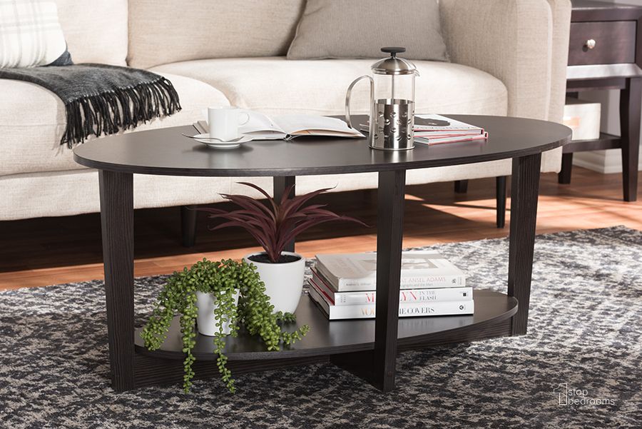 The appearance of Baxton Studio Jacintha Modern And Contemporary Wenge Brown Finished Coffee Table designed by Baxton Studio in the modern / contemporary interior design. This dark brown piece of furniture  was selected by 1StopBedrooms from Jacintha Collection to add a touch of cosiness and style into your home. Sku: MH2106-Wenge-CT. Product Type: Coffee Table. Material: MDF. Image1