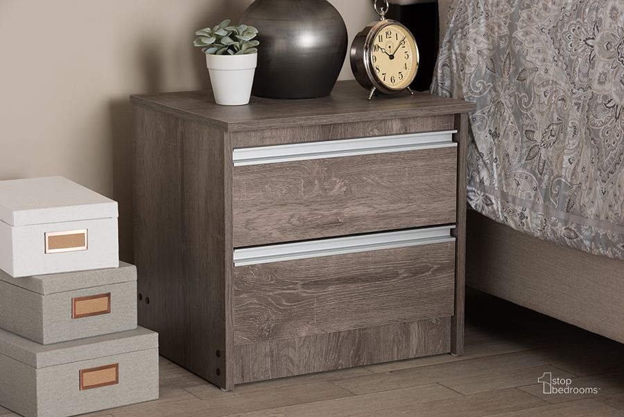 The appearance of Baxton Studio Gallia Modern And Contemporary Oak Brown Finished 2-Drawer Nightstand designed by Baxton Studio in the rustic / southwestern interior design. This oak piece of furniture  was selected by 1StopBedrooms from Gallia Collection to add a touch of cosiness and style into your home. Sku: MH5068-Oak-NS. Product Type: Nightstand. Material: MDF. Image1