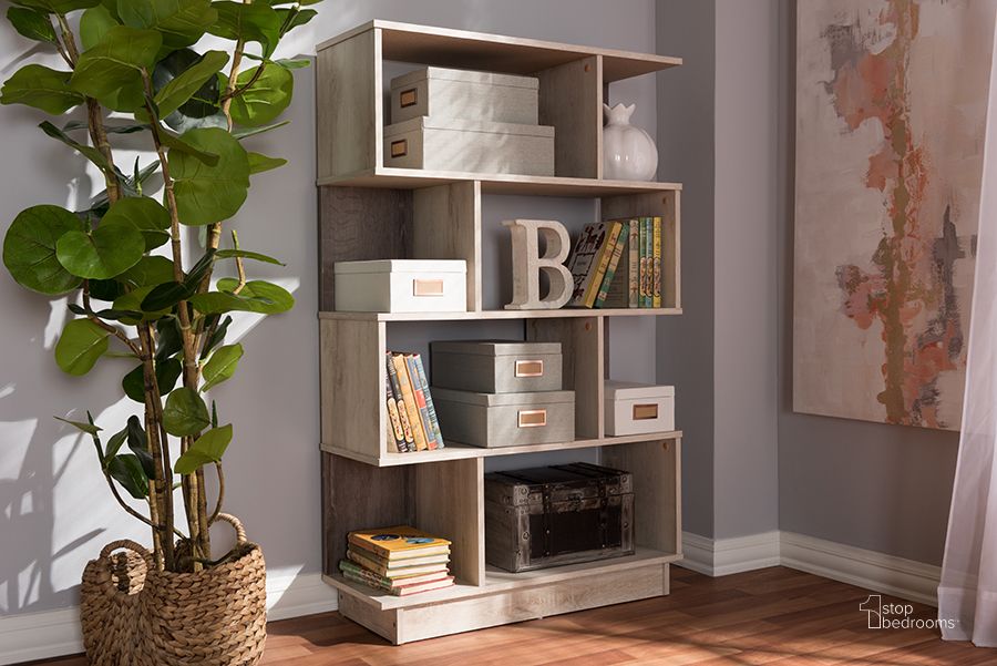 The appearance of Baxton Studio Teagan Modern And Contemporary Oak Finished Display Bookcase designed by Baxton Studio in the modern / contemporary interior design. This oak piece of furniture  was selected by 1StopBedrooms from Teagan Collection to add a touch of cosiness and style into your home. Sku: MH1165-Oak-Bookcase. Product Type: Bookcase. Material: MDF. Image1
