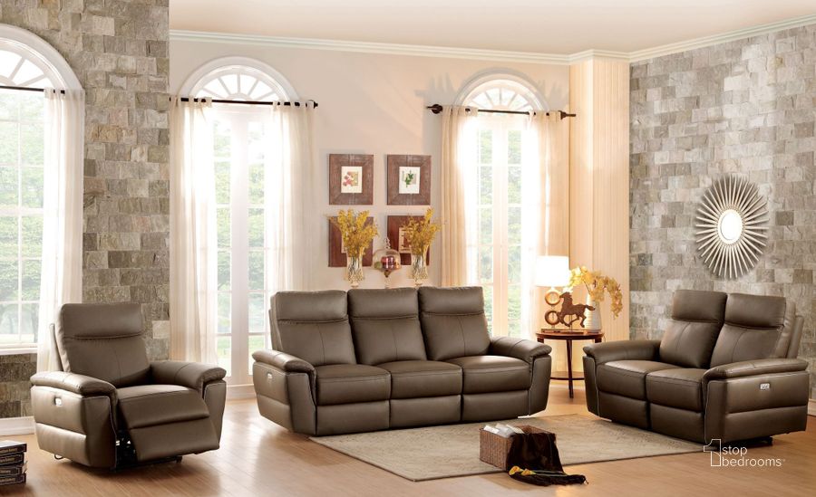 The appearance of Olympia Brown Power Double Reclining Living Room Set designed by Homelegance in the modern / contemporary interior design. This brown piece of furniture  was selected by 1StopBedrooms from Olympia Collection to add a touch of cosiness and style into your home. Sku: 8308-3PW*;8308-2PW*. Material: Leather. Product Type: Living Room Set. Image1