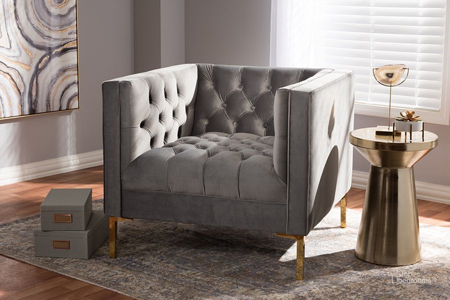 The appearance of Baxton Studio Zanetta Luxe And Glamour Grey Velvet Upholstered Gold Finished Lounge Chair designed by Baxton Studio in the glam interior design. This grey piece of furniture  was selected by 1StopBedrooms from Zanetta Collection to add a touch of cosiness and style into your home. Sku: TSF-7723-Grey/Gold. Material: Fabric. Product Type: Lounge Chair. Image1