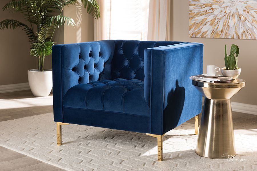 The appearance of Baxton Studio Zanetta Luxe And Glamour Navy Velvet Upholstered Gold Finished Lounge Chair designed by Baxton Studio in the glam interior design. This blue piece of furniture  was selected by 1StopBedrooms from Zanetta Collection to add a touch of cosiness and style into your home. Sku: TSF-7723-Navy/Gold. Material: Fabric. Product Type: Lounge Chair. Image1