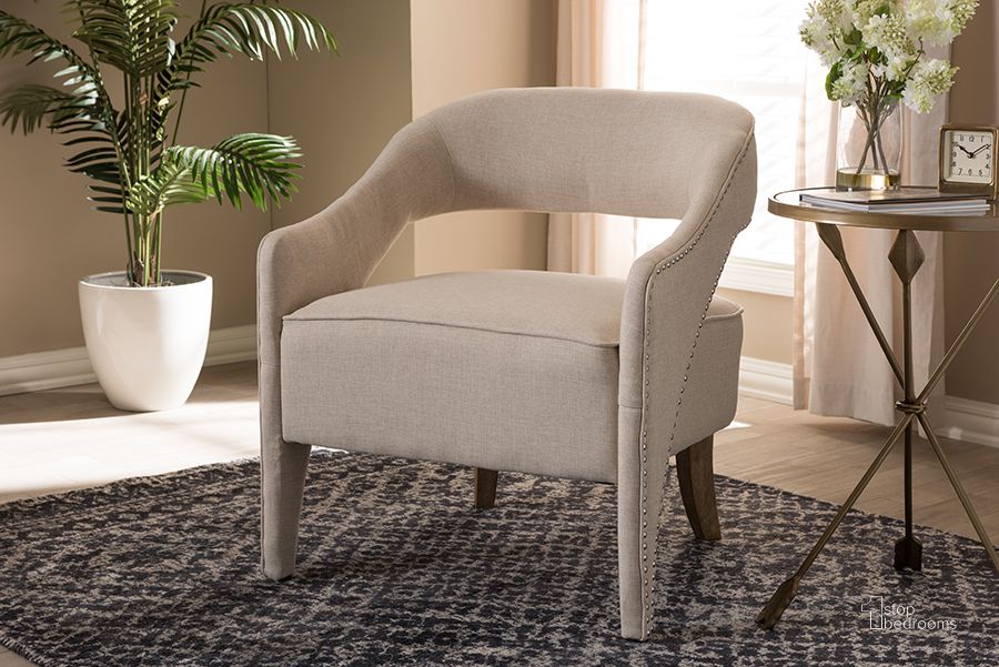 The appearance of Baxton Studio Floriane Modern And Contemporary Beige Fabric Upholstered Lounge Chair designed by Baxton Studio in the modern / contemporary interior design. This beige piece of furniture  was selected by 1StopBedrooms from Floriane Collection to add a touch of cosiness and style into your home. Sku: TSF-9924-1-Beige. Material: Fabric. Product Type: Lounge Chair. Image1
