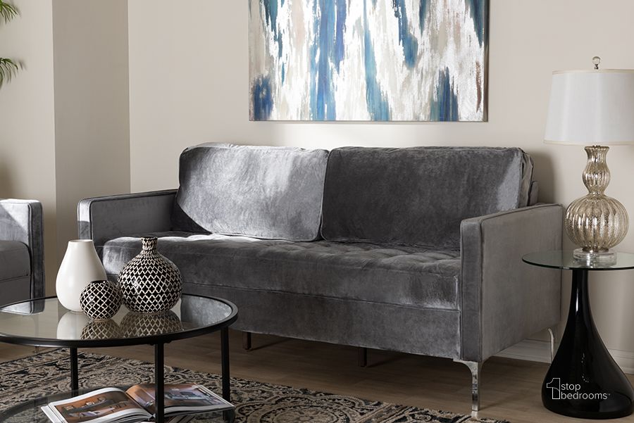 The appearance of Baxton Studio Clara Modern And Contemporary Grey Velvet Fabric Upholstered 3-Seater Sofa designed by Baxton Studio in the modern / contemporary interior design. This grey piece of furniture  was selected by 1StopBedrooms from Clara Collection to add a touch of cosiness and style into your home. Sku: Clara-Grey-SF. Material: Fabric. Product Type: Sofa. Image1