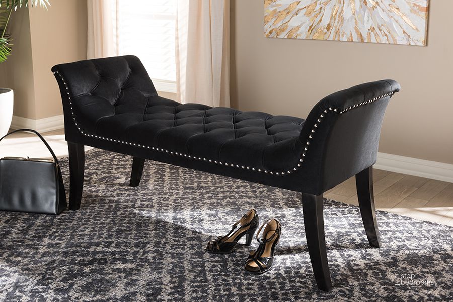 The appearance of Baxton Studio Chandelle Luxe And Contemporary Black Velvet Upholstered Bench designed by Baxton Studio in the glam interior design. This black piece of furniture  was selected by 1StopBedrooms from Chandelle Collection to add a touch of cosiness and style into your home. Sku: WS-5809-Black-Bench. Material: Fabric. Product Type: Accent and Storage Bench. Image1
