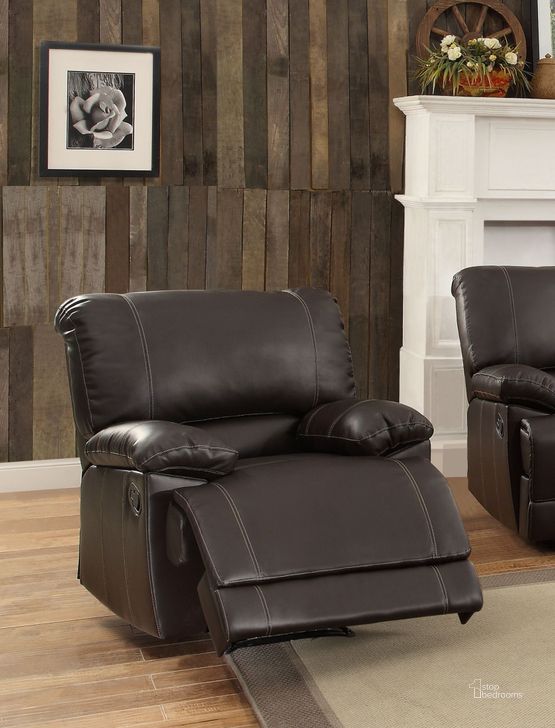 The appearance of Cassville Dark Brown Reclining Chair designed by Homelegance in the modern / contemporary interior design. This brown piece of furniture  was selected by 1StopBedrooms from Cassville Collection to add a touch of cosiness and style into your home. Sku: 8403-1. Product Type: Reclining Chair. Material: Vinyl. Image1