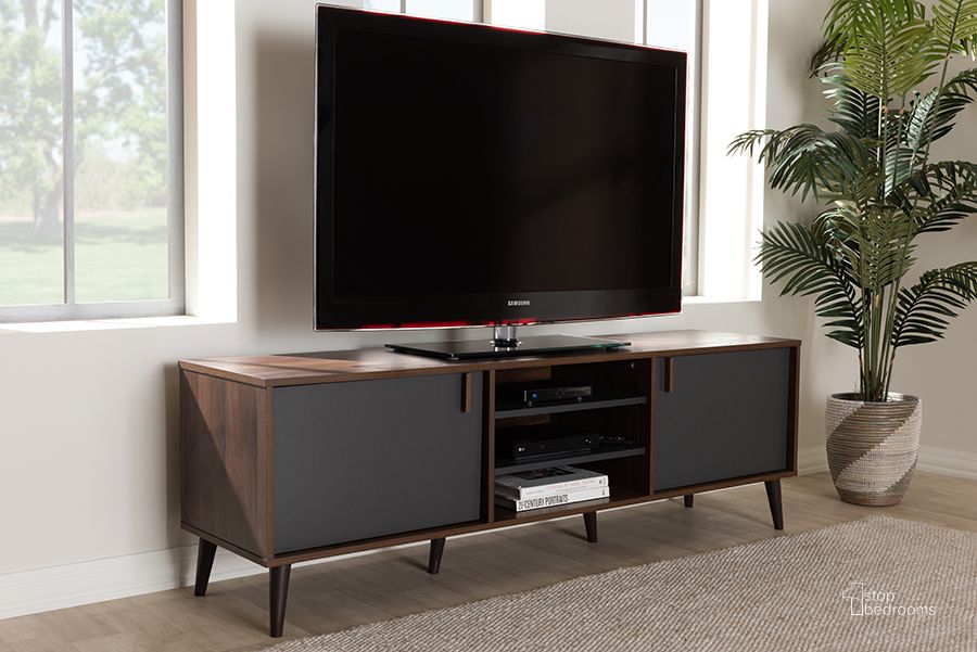 The appearance of Baxton Studio Samuel Mid-Century Modern Brown And Dark Grey Finished Tv Stand designed by Baxton Studio in the transitional interior design. This walnut piece of furniture  was selected by 1StopBedrooms from Samuel Collection to add a touch of cosiness and style into your home. Sku: SE TV9012WI-CLB/DG. Material: MDF. Product Type: TV Stands and TV Console. Image1