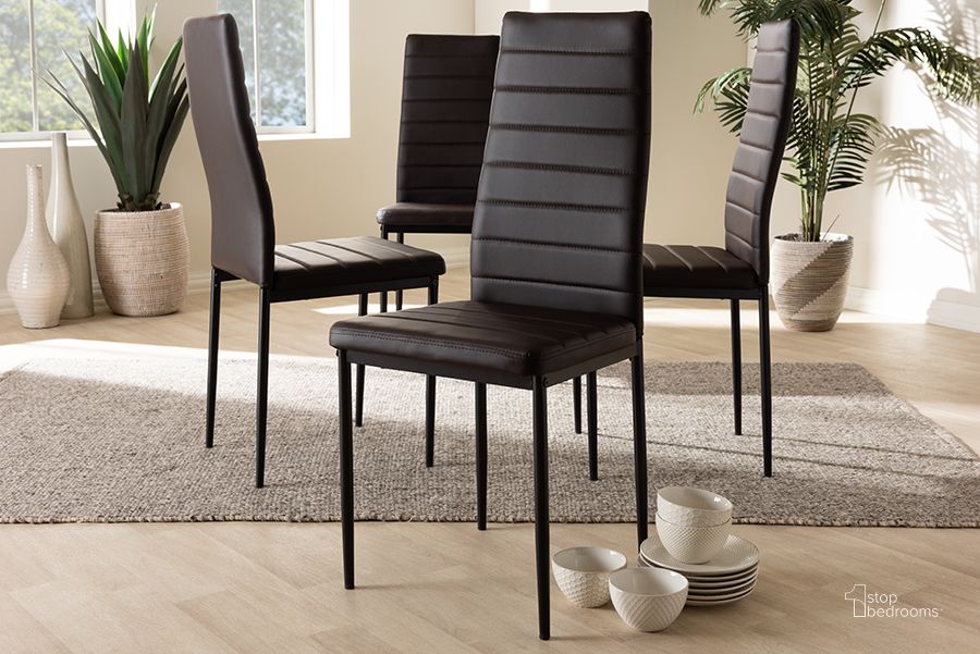 The appearance of Baxton Studio Armand Modern And Contemporary Brown Faux Leather Upholstered Dining Chair (Set Of 4) designed by Baxton Studio in the modern / contemporary interior design. This dark brown piece of furniture  was selected by 1StopBedrooms from Armand Collection to add a touch of cosiness and style into your home. Sku: 112157-1-Brown. Product Type: Dining Chair. Material: MDF. Image1