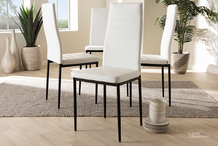 The appearance of Baxton Studio Armand Modern And Contemporary White Faux Leather Upholstered Dining Chair (Set Of 4) designed by Baxton Studio in the modern / contemporary interior design. This white piece of furniture  was selected by 1StopBedrooms from Armand Collection to add a touch of cosiness and style into your home. Sku: 112157-1-White. Product Type: Dining Chair. Material: MDF. Image1