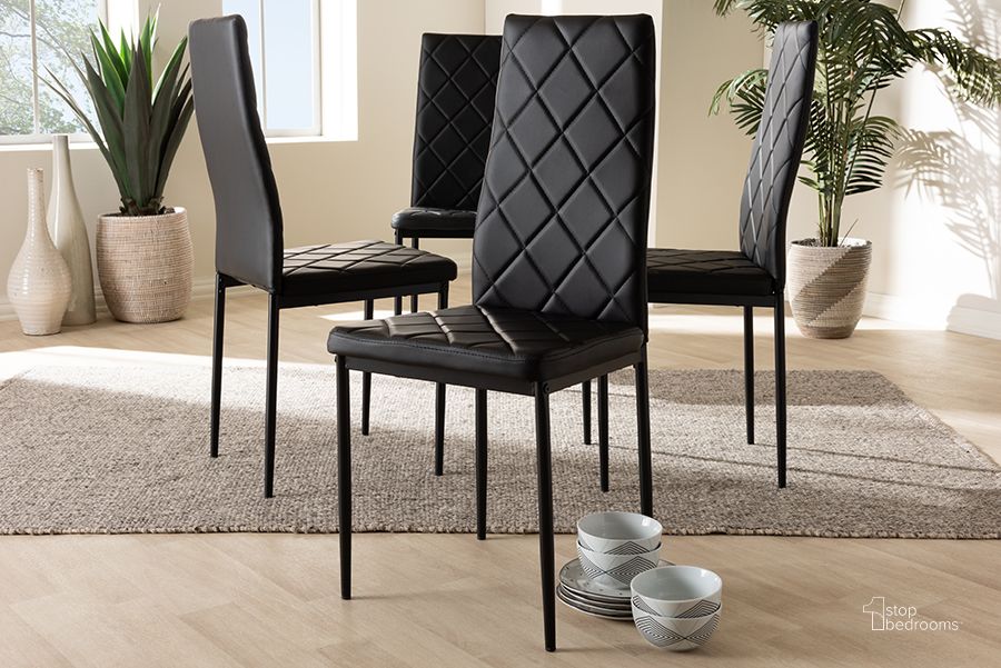 The appearance of Baxton Studio Blaise Modern And Contemporary Black Faux Leather Upholstered Dining Chair (Set Of 4) designed by Baxton Studio in the modern / contemporary interior design. This black piece of furniture  was selected by 1StopBedrooms from Blaise Collection to add a touch of cosiness and style into your home. Sku: 112157-4-Black. Product Type: Dining Chair. Material: MDF. Image1