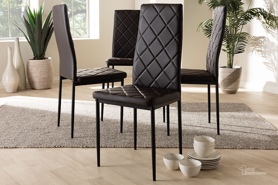 The appearance of Baxton Studio Blaise Modern And Contemporary Brown Faux Leather Upholstered Dining Chair (Set Of 4) designed by Baxton Studio in the modern / contemporary interior design. This dark brown piece of furniture  was selected by 1StopBedrooms from Blaise Collection to add a touch of cosiness and style into your home. Sku: 112157-4-Brown. Product Type: Dining Chair. Material: MDF. Image1