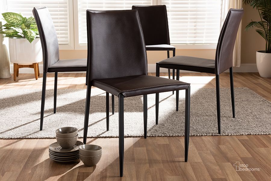 The appearance of Baxton Studio Pascha Modern And Contemporary Brown Faux Leather Upholstered Dining Chair (Set Of 4) designed by Baxton Studio in the modern / contemporary interior design. This dark brown piece of furniture  was selected by 1StopBedrooms from Pascha Collection to add a touch of cosiness and style into your home. Sku: 150543-Brown. Product Type: Dining Chair. Material: MDF. Image1