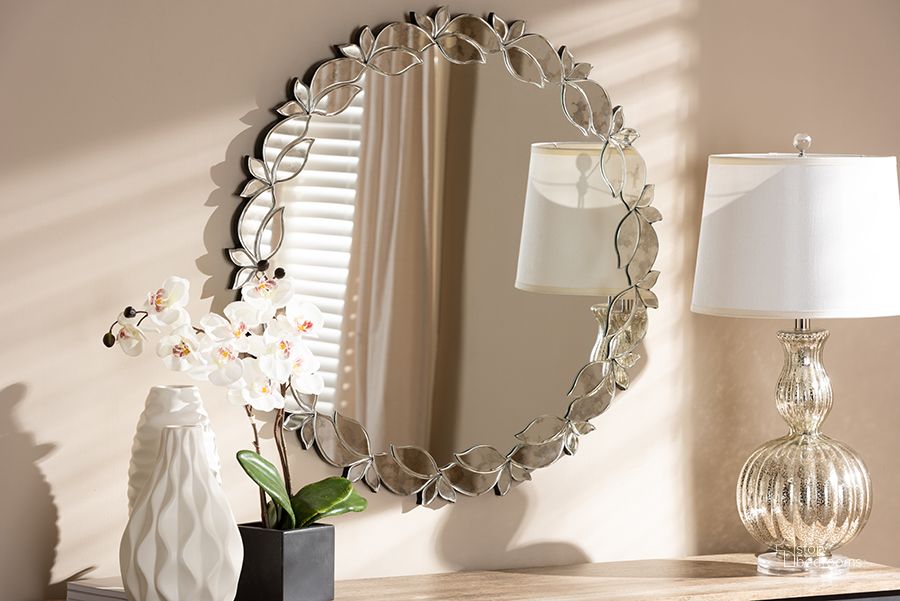 The appearance of Baxton Studio Luiza Modern And Contemporary Silver Finished Round Petal Leaf Accent Wall Mirror designed by Baxton Studio in the modern / contemporary interior design. This antique silver piece of furniture  was selected by 1StopBedrooms from Luiza Collection to add a touch of cosiness and style into your home. Sku: RXW-6175. Material: MDF. Product Type: Accent Mirror. Image1