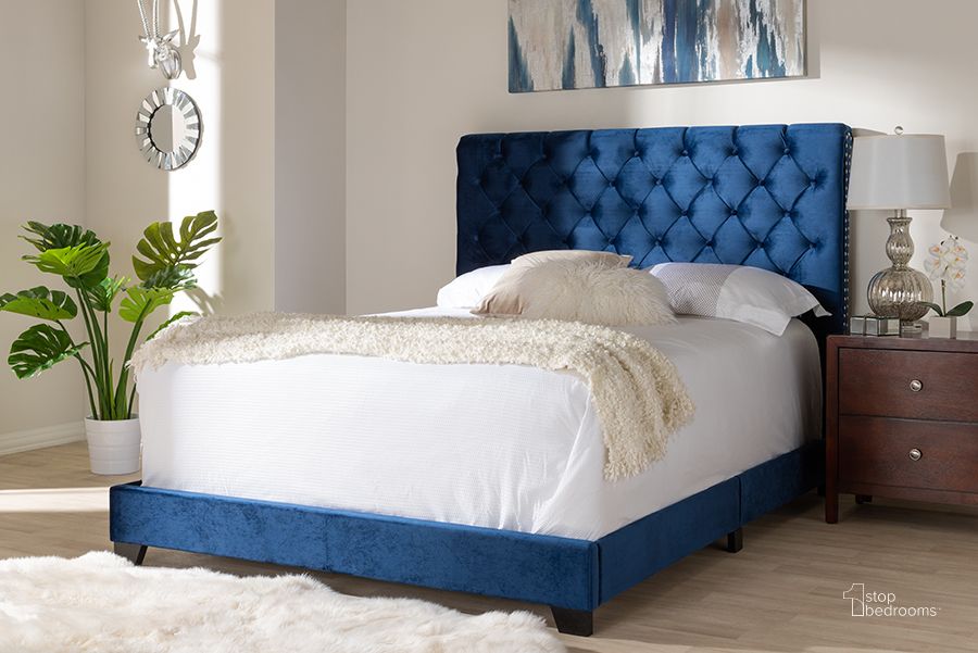 The appearance of Baxton Studio Candace Luxe And Glamour Navy Velvet Upholstered King Size Bed designed by Baxton Studio in the glam interior design. This navy blue piece of furniture  was selected by 1StopBedrooms from Candace Collection to add a touch of cosiness and style into your home. Sku: Candace-Navy-King. Bed Type: Panel Bed. Material: Fabric. Product Type: Panel Bed. Bed Size: King. Image1