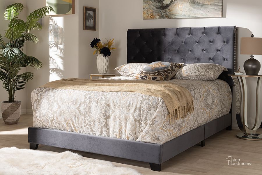 The appearance of Staley Dark Grey King Bed designed by Sterling Designs in the glam interior design. This dark grey piece of furniture  was selected by 1StopBedrooms from Staley Collection to add a touch of cosiness and style into your home. Sku: Candace-Grey-King. Bed Type: Panel Bed. Material: Fabric. Product Type: Panel Bed. Bed Size: King. Image1