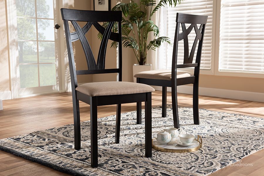 The appearance of Baxton Studio Sylvia Modern And Contemporary Sand Fabric Upholstered And Espresso Brown Finished Dining Chair Set Of 2 designed by Baxton Studio in the modern / contemporary interior design. This sand piece of furniture  was selected by 1StopBedrooms from Sylvia Collection to add a touch of cosiness and style into your home. Sku: RH146C-Dark Brown/Sand-DC. Material: Fabric. Product Type: Dining Chair. Image1