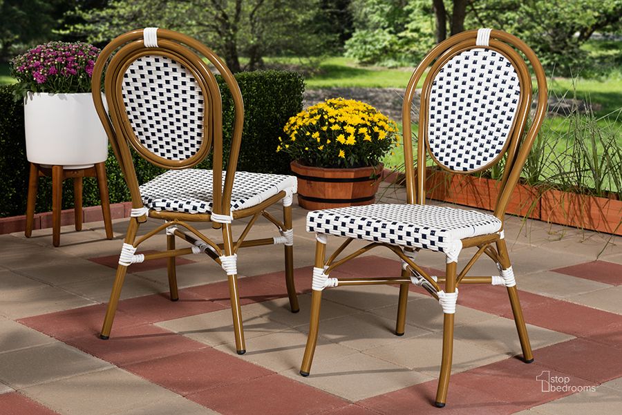 The appearance of Baxton Studio Gauthier Classic French Indoor And Outdoor Navy And White Bamboo Style Bistro Stackable Dining Chair Set Of 2 designed by Baxton Studio in the transitional interior design. This navy piece of furniture  was selected by 1StopBedrooms from Gauthier Collection to add a touch of cosiness and style into your home. Sku: WA-4094-Navy/White-DC. Product Type: Dining Chair. Material: Wicker. Image1