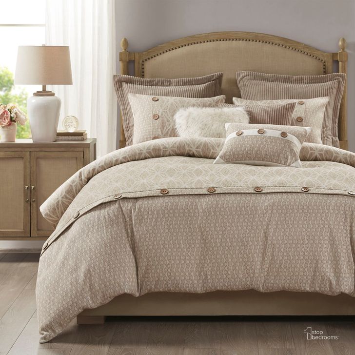 The appearance of 8Pcs Geometric Jacquard Queen Comforter Set In Taupe designed by Olliix in the transitional interior design. This taupe piece of furniture  was selected by 1StopBedrooms from Grace Collection to add a touch of cosiness and style into your home. Sku: MPS10-484. Material: Polyester. Bed Size: Queen. Product Type: Comforter Set. Image1