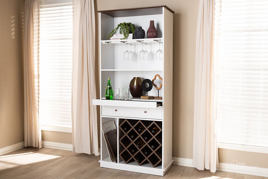 The appearance of Baxton Studio Serafino Mid-Century Modern Dark Grey And Oak Finished Wood Wine Cabinet designed by Baxton Studio in the transitional interior design. This white piece of furniture  was selected by 1StopBedrooms from Serafino Collection to add a touch of cosiness and style into your home. Sku: SEWC16006WI-White/Columbia. Product Type: Wine Cabinet. Material: MDF. Image1