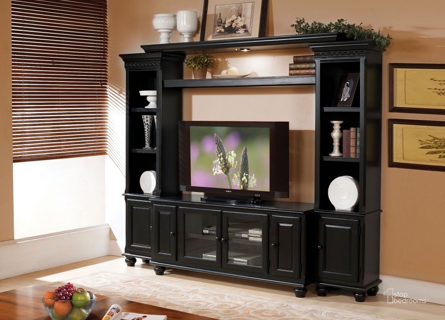 The appearance of Ferla Black Entertainment Center designed by ACME in the transitional interior design. This black piece of furniture  was selected by 1StopBedrooms from Ferla Collection to add a touch of cosiness and style into your home. Sku: 91100;91101;91102;91103. Material: Wood. Product Type: Entertainment Center.