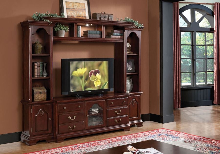 The appearance of Hercules Cherry Entertainment Center designed by ACME in the transitional interior design. This brown piece of furniture  was selected by 1StopBedrooms from Hercules Collection to add a touch of cosiness and style into your home. Sku: 91110;91111;91112;91113. Material: Wood. Product Type: Entertainment Center.