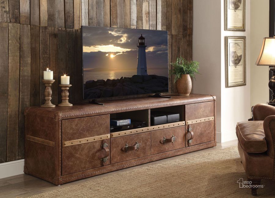 The appearance of Aberdeen Retro Brown TV Stand designed by ACME in the rustic / southwestern interior design. This brown piece of furniture  was selected by 1StopBedrooms from Aberdeen Collection to add a touch of cosiness and style into your home. Sku: 91500. Material: Leather. Product Type: TV Stand.