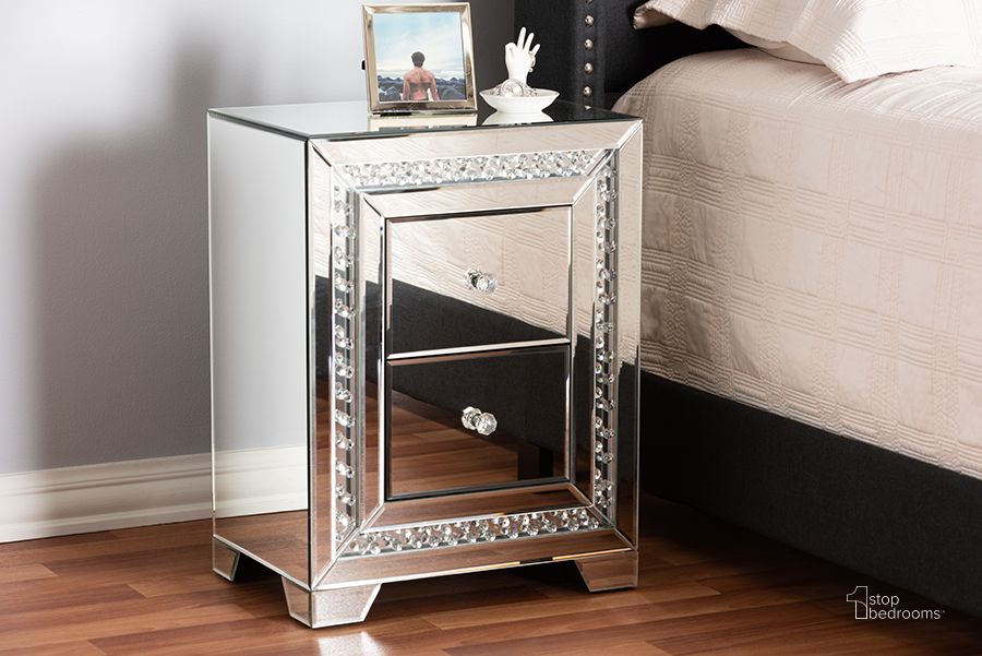 The appearance of Baxton Studio Mina Modern and Contemporary Hollywood Regency Glamour Style Mirrored 2-Drawer End Table designed by Baxton Studio in the glam interior design. This silver piece of furniture  was selected by 1StopBedrooms from Mina Collection to add a touch of cosiness and style into your home. Sku: RS2936. Product Type: End Table. Material: MDF. Image1