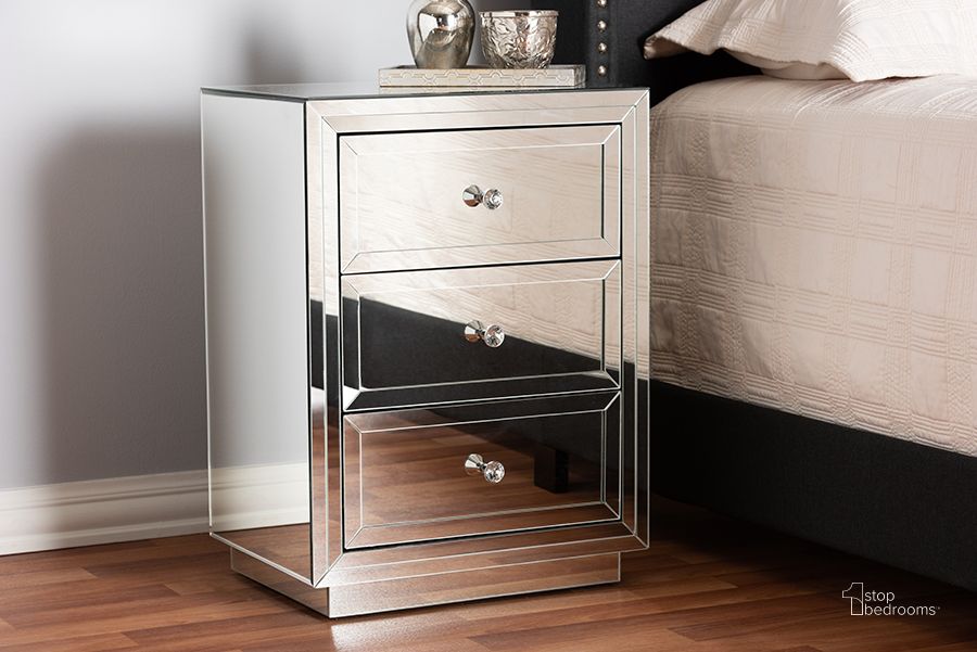 The appearance of Baxton Studio Lina Modern and Contemporary Hollywood Regency Glamour Style Mirrored 3-Drawer End Table designed by Baxton Studio in the glam interior design. This silver piece of furniture  was selected by 1StopBedrooms from Lina Collection to add a touch of cosiness and style into your home. Sku: RXF-1787. Product Type: End Table. Material: MDF. Image1