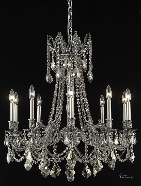 The appearance of Rosalia 28 Pewter 10 Light Chandelier With Golden Teak Royal Cut Crystal Trim designed by Elegant Lighting in the glam interior design. This pewter piece of furniture  was selected by 1StopBedrooms from Rosalia Collection to add a touch of cosiness and style into your home. Sku: 9210D28PW-GT/RC. Product Type: Chandelier. Material: Crystal.