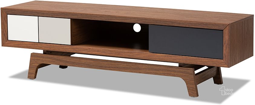 The appearance of Baxton Studio Svante Mid-Century Modern Multicolor Finished Wood 3-Drawer Tv Stand designed by Baxton Studio in the transitional interior design. This walnut piece of furniture  was selected by 1StopBedrooms from Svante Collection to add a touch of cosiness and style into your home. Sku: WI1701-Walnut/White/Grey-TV. Material: MDF. Product Type: TV Stands and TV Console. Image1