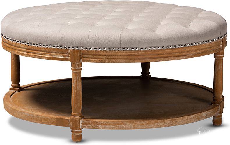 The appearance of Baxton Studio Ambroise French Provincial Beige Linen Fabric Upholstered And White-Washed Oak Wood Button-Tufted Cocktail Ottoman With Shelf designed by Baxton Studio in the transitional interior design. This beige piece of furniture  was selected by 1StopBedrooms from Ambroise Collection to add a touch of cosiness and style into your home. Sku: TSF7731-Beige/Natural Oak-Otto. Material: Fabric. Product Type: Ottoman. Image1
