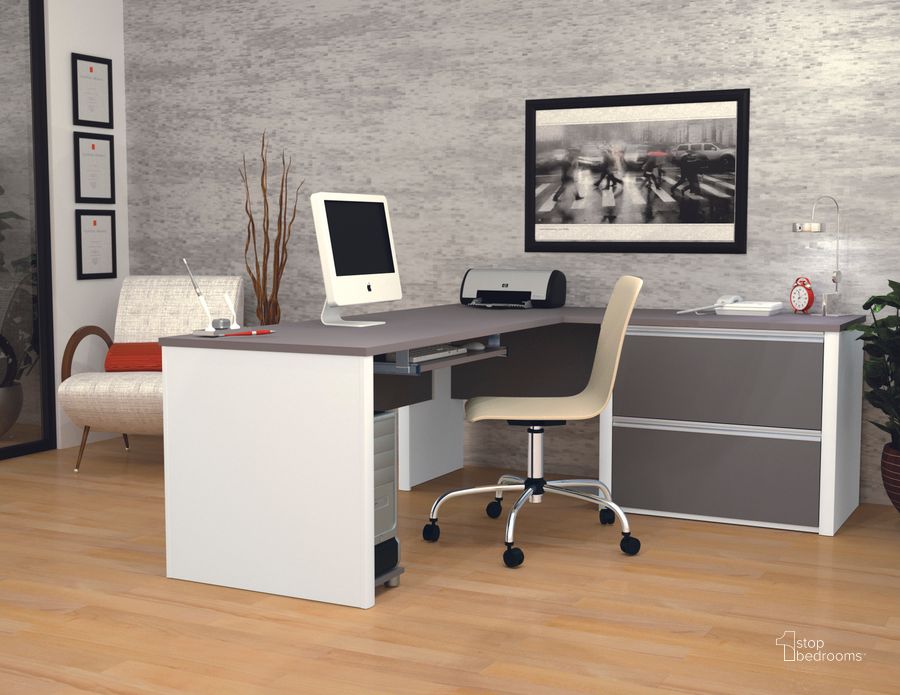 The appearance of Connexion Slate and Sandstone L Shaped Workstation Kit designed by Bestar in the modern / contemporary interior design. This white piece of furniture  was selected by 1StopBedrooms from Connexion Collection to add a touch of cosiness and style into your home. Sku: 93862-59. Material: Wood. Product Type: Work Station. Image1
