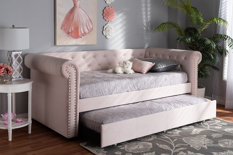 The appearance of Baxton Studio Mabelle Modern And Contemporary Light Pink Velvet Upholstered Daybed With Trundle designed by Baxton Studio in the modern / contemporary interior design. This pink piece of furniture  was selected by 1StopBedrooms from Mabelle Collection to add a touch of cosiness and style into your home. Sku: Ashley-Light Pink-Daybed. Bed Type: Daybed. Product Type: DayBed. Bed Size: Twin. Material: Rubberwood. Image1