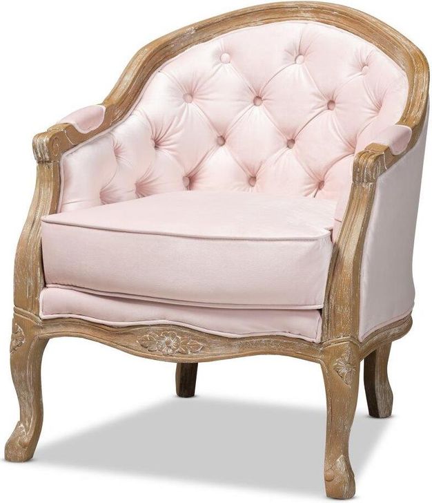 The appearance of Baxton Studio Genevieve Traditional French Provincial Light Pink Velvet Upholstered White-Washed Oak Wood Armchair designed by Baxton Studio in the traditional interior design. This light pink piece of furniture  was selected by 1StopBedrooms from Genevieve Collection to add a touch of cosiness and style into your home. Sku: TSF7766-Light Pink-CC. Material: Wood. Product Type: Living Room Chair. Image1