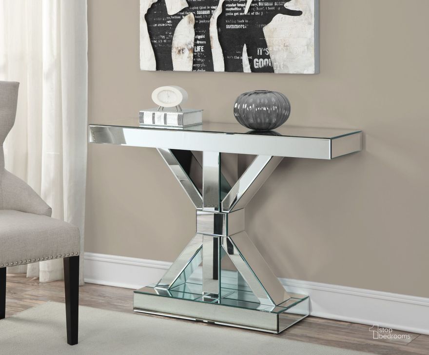 The appearance of Chrome Console Table designed by Coaster in the modern / contemporary interior design. This silver piece of furniture  was selected by 1StopBedrooms from Mirrored Collection to add a touch of cosiness and style into your home. Sku: 950191B1;950191B2. Material: Glass. Product Type: Console Table. Table Top Shape: Rectangular. Image1